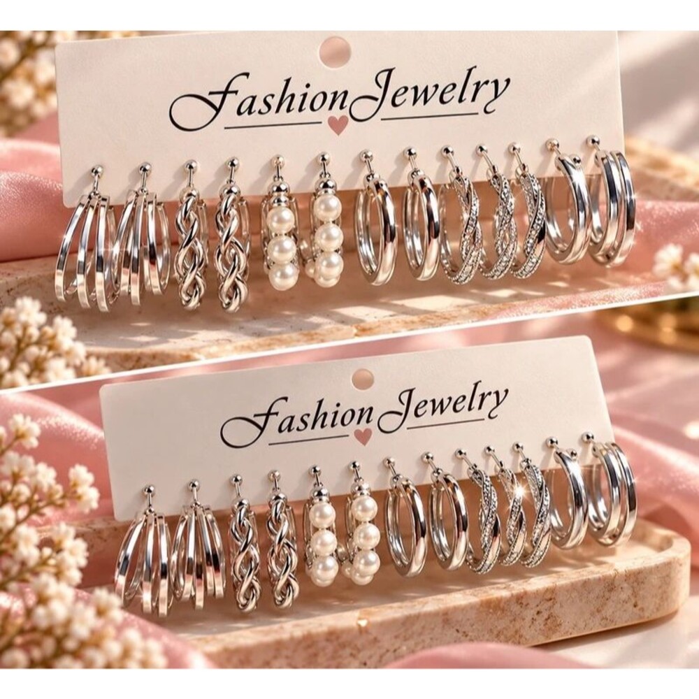 Set 6 Pairs of Earrings Jewelry Fashion Silver Color – Various Designs